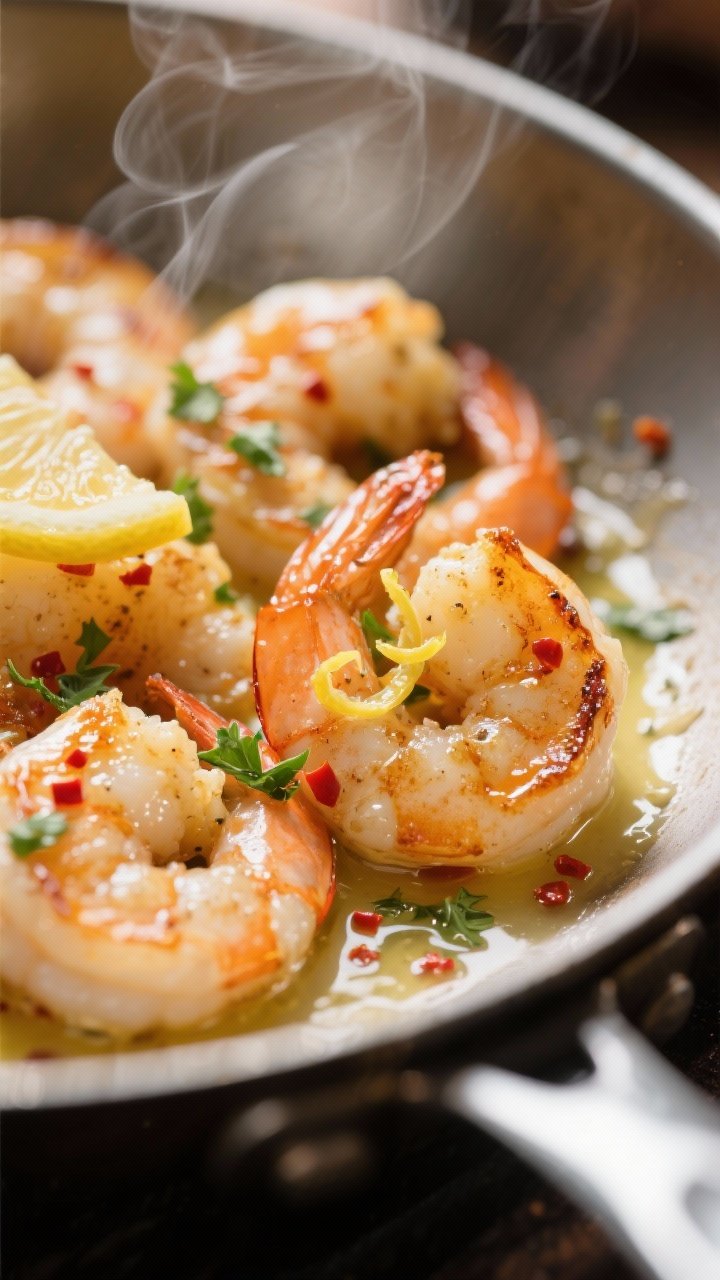 Close-up detail: Juicy garlic-butter shrimp just seared in a stainless skillet, lightly golden edges