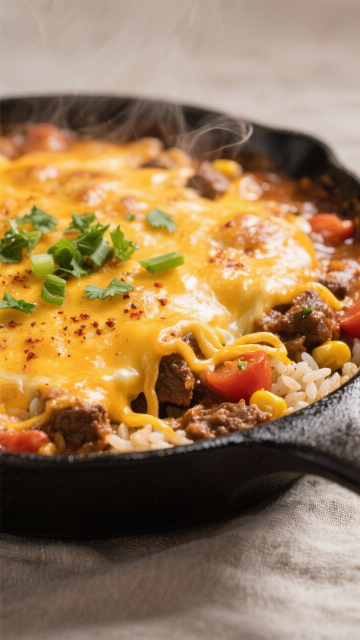 Close-up detail: Melty, bubbly layer of shredded cheddar and Colby Jack on the Cheesy Beef and Rice 