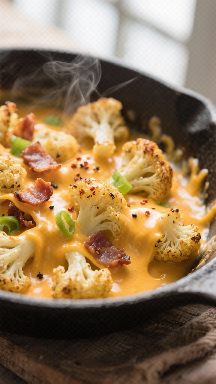 Close-up detail: Roasted cauliflower florets just coated in silky cheddar–smoked gouda cheese sauc