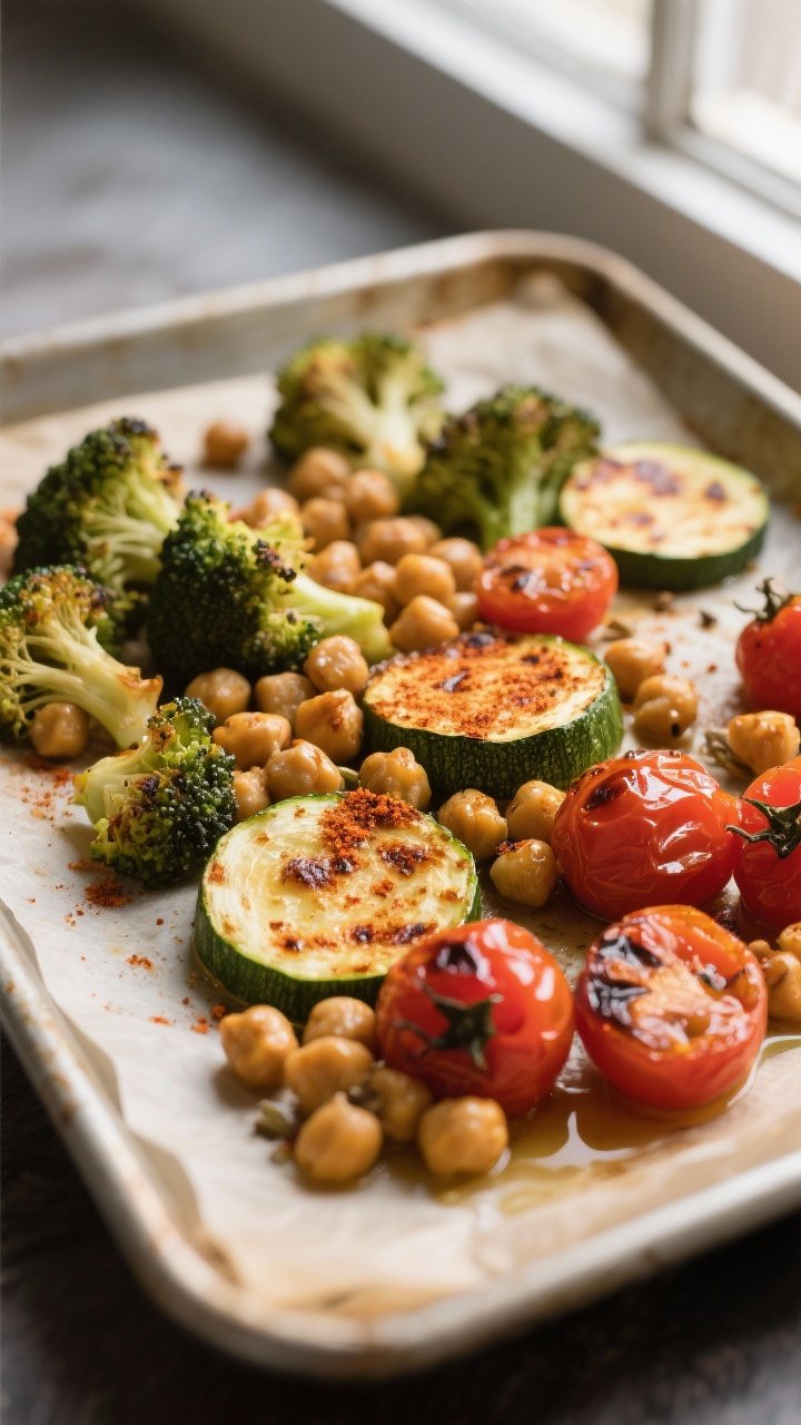 Close-up detail: Roasted chickpeas, zucchini half-moons, and broccoli florets just out of the oven, 