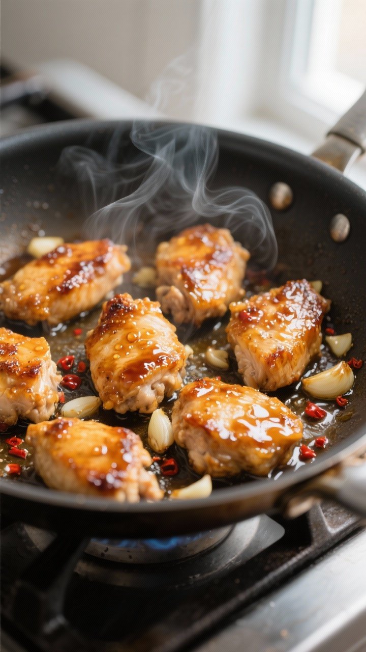 Close-up detail: Searing honey garlic chicken bites in a stainless skillet mid-cook, golden-brown cr