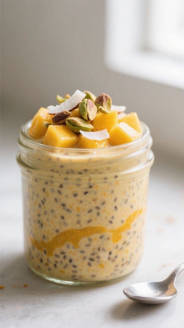 Close-up detail shot: A chilled jar of Mango Lassi Overnight Oats just after stirring in the morning