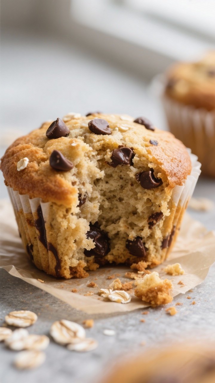Close-up detail shot: A freshly baked gluten-free banana oat muffin torn open to reveal a moist, ten