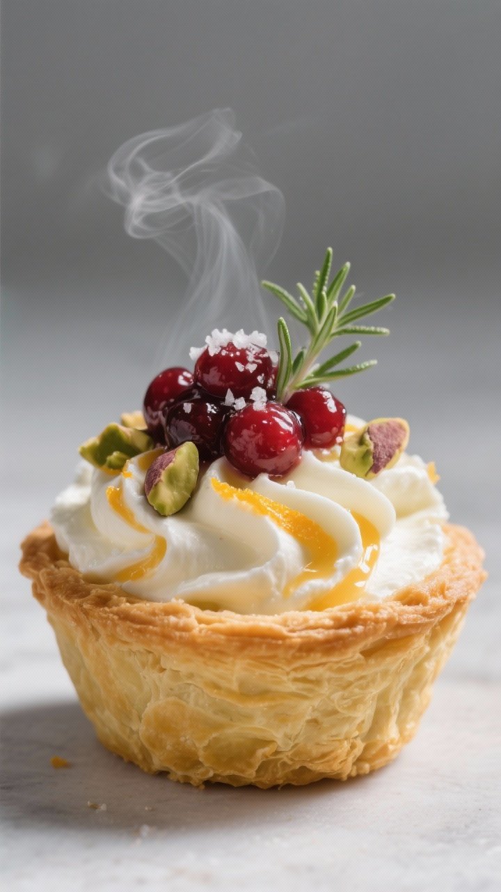 Close-up detail shot: A golden, freshly baked puff pastry cup filled with warm, whipped goat cheese 