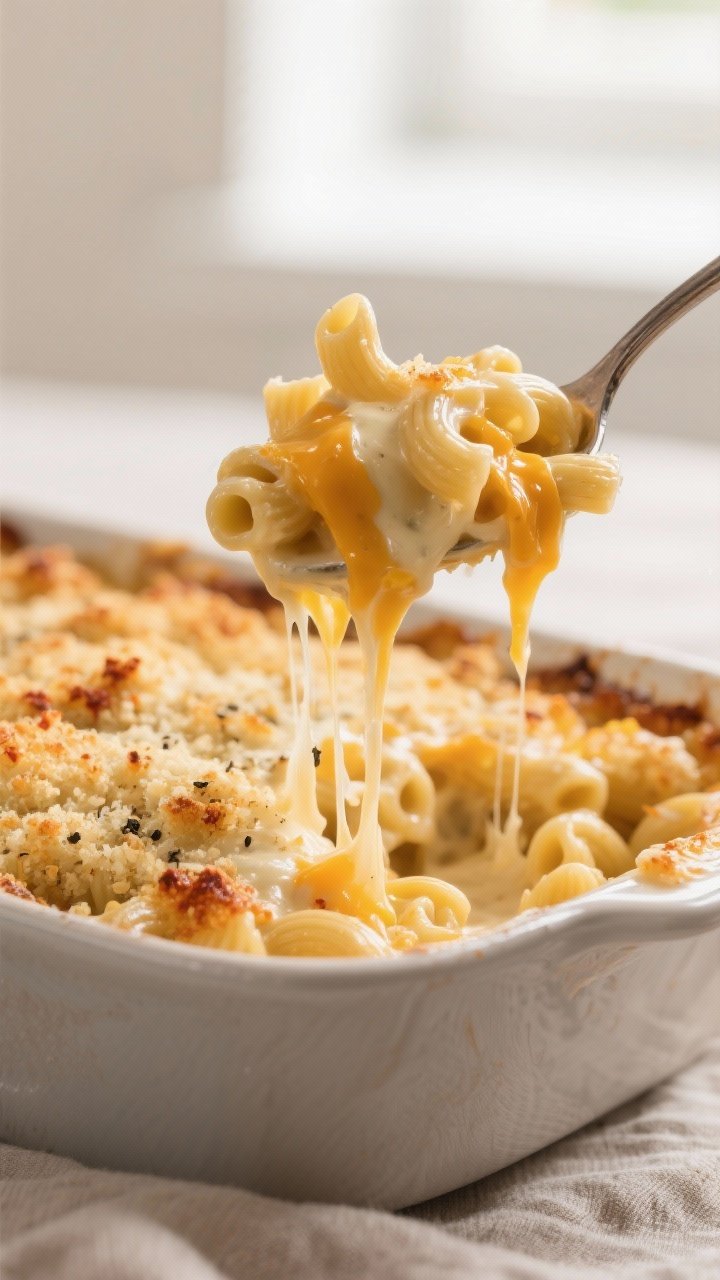 Close-up detail shot: A spoon lifting a creamy cascade of baked mac and three cheeses from a bubblin