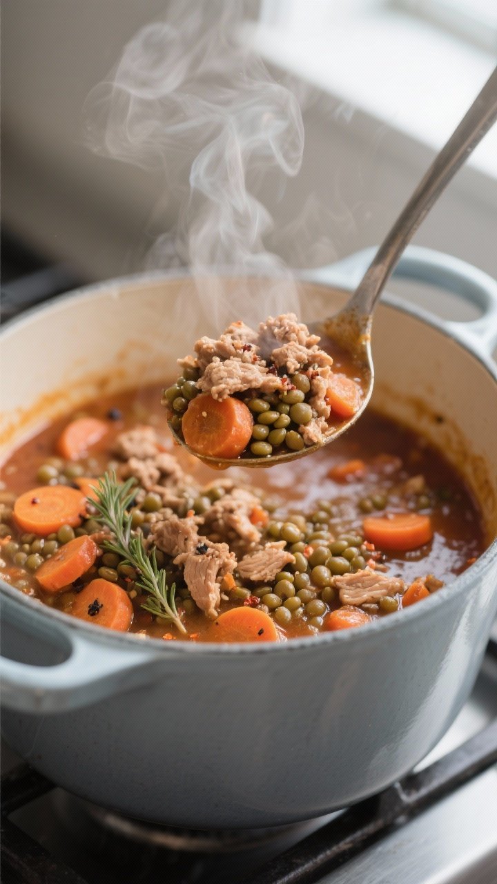 Close-up detail shot: A steaming ladle lifting Turkey, Lentil & Carrot High-Protein Stew from a Dutc