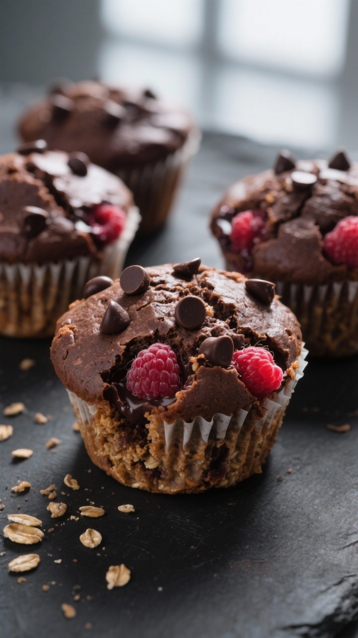 Close-up detail shot: A trio of freshly baked mini high-fiber chocolate-raspberry muffins just out o