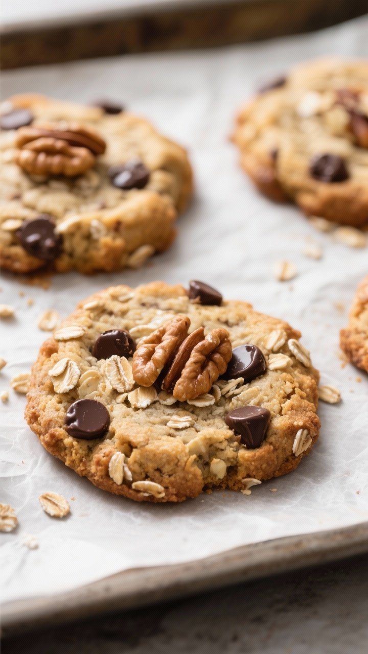 Close-up detail shot: Freshly baked banana bread breakfast cookies just out of the oven on a parchme