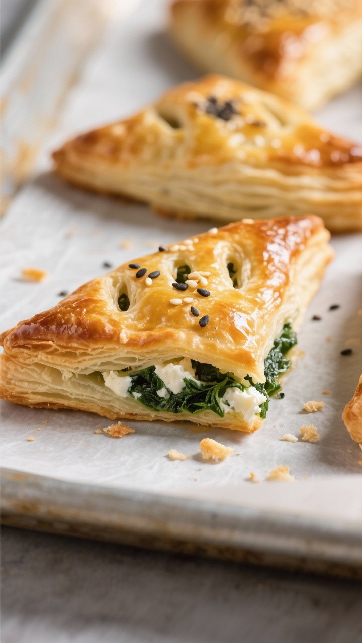 Close-up detail shot: freshly baked mini spinach and feta puff pastry triangles just out of the oven