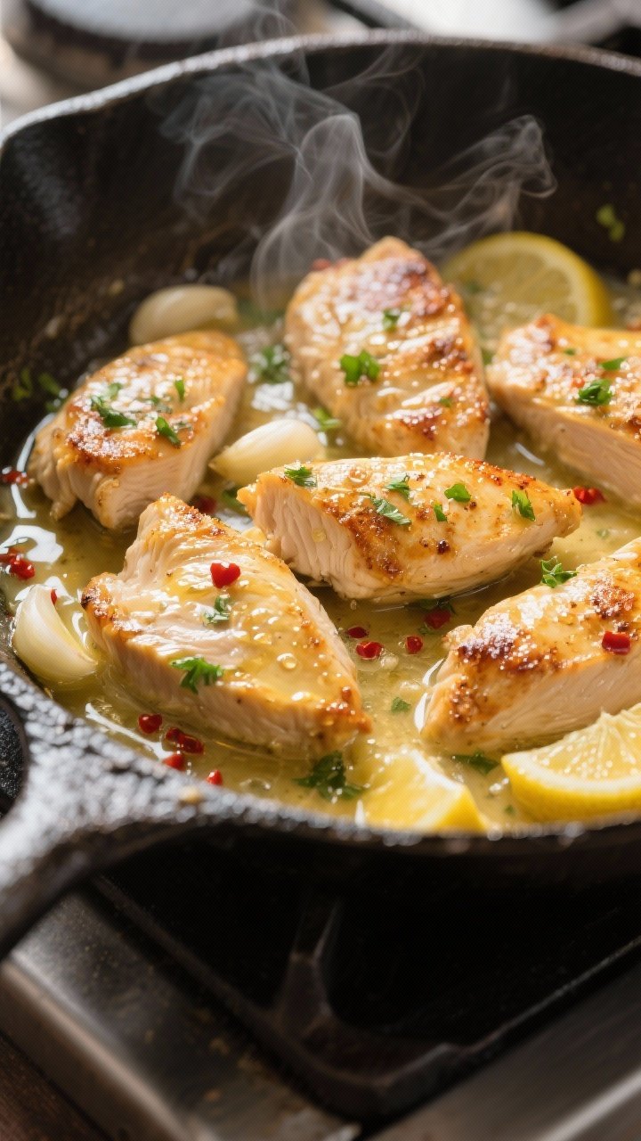 Close-up detail shot: Golden pan-seared chicken slices being tossed in glossy garlic-butter pan sauc