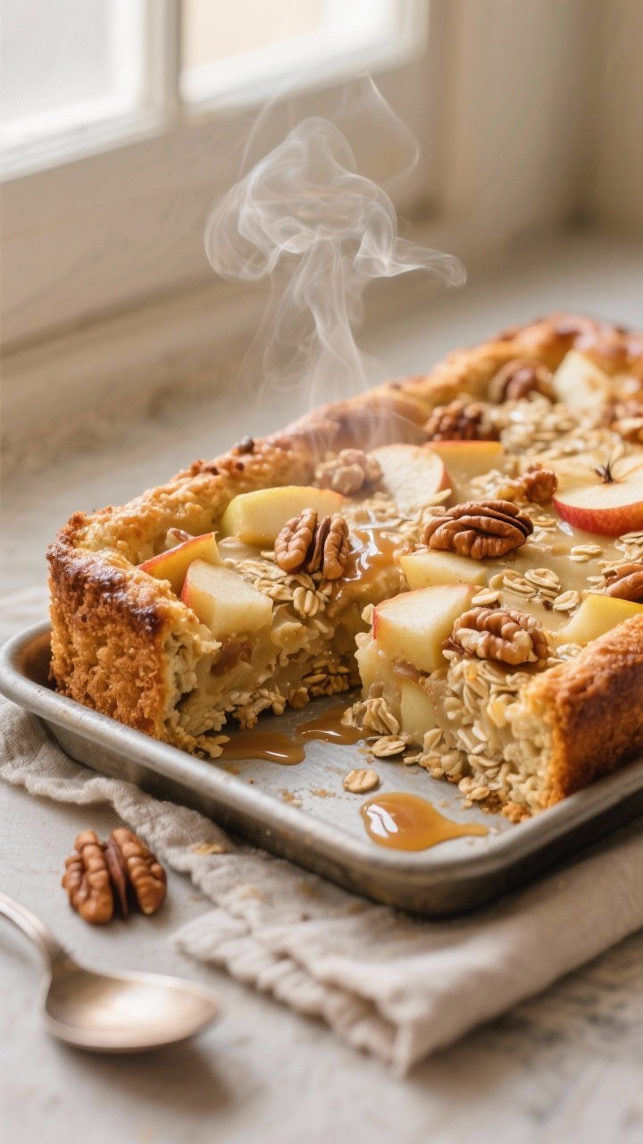 Close-up detail shot of a freshly baked apple cinnamon oat bake square just cut from the pan, edges 