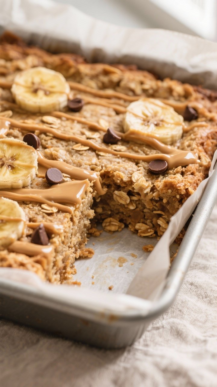 Close-up detail shot of a freshly baked peanut butter banana oat bake just out of the oven, edges li