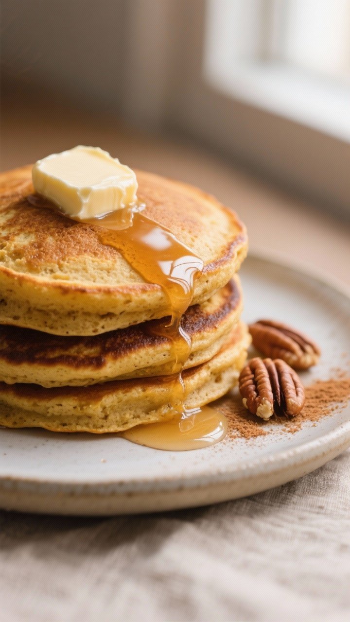 Close-up detail shot of a stack of fluffy gluten-free pumpkin pancakes just off the griddle, showing