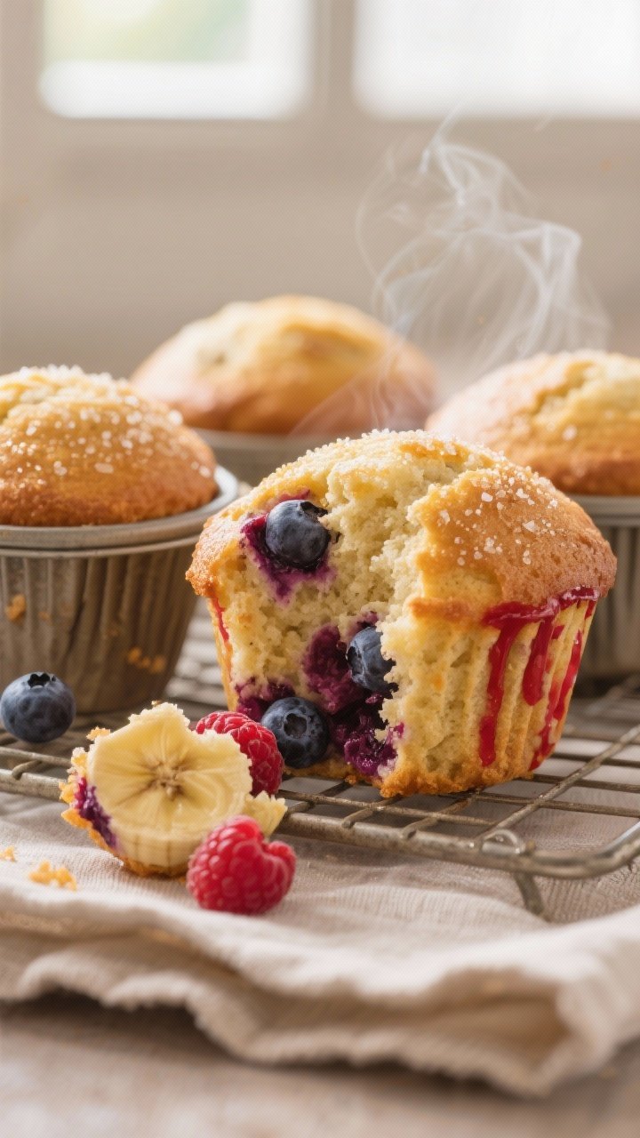 Close-up detail shot of freshly baked Banana Berry Burst Muffins just out of the tin, golden domed t