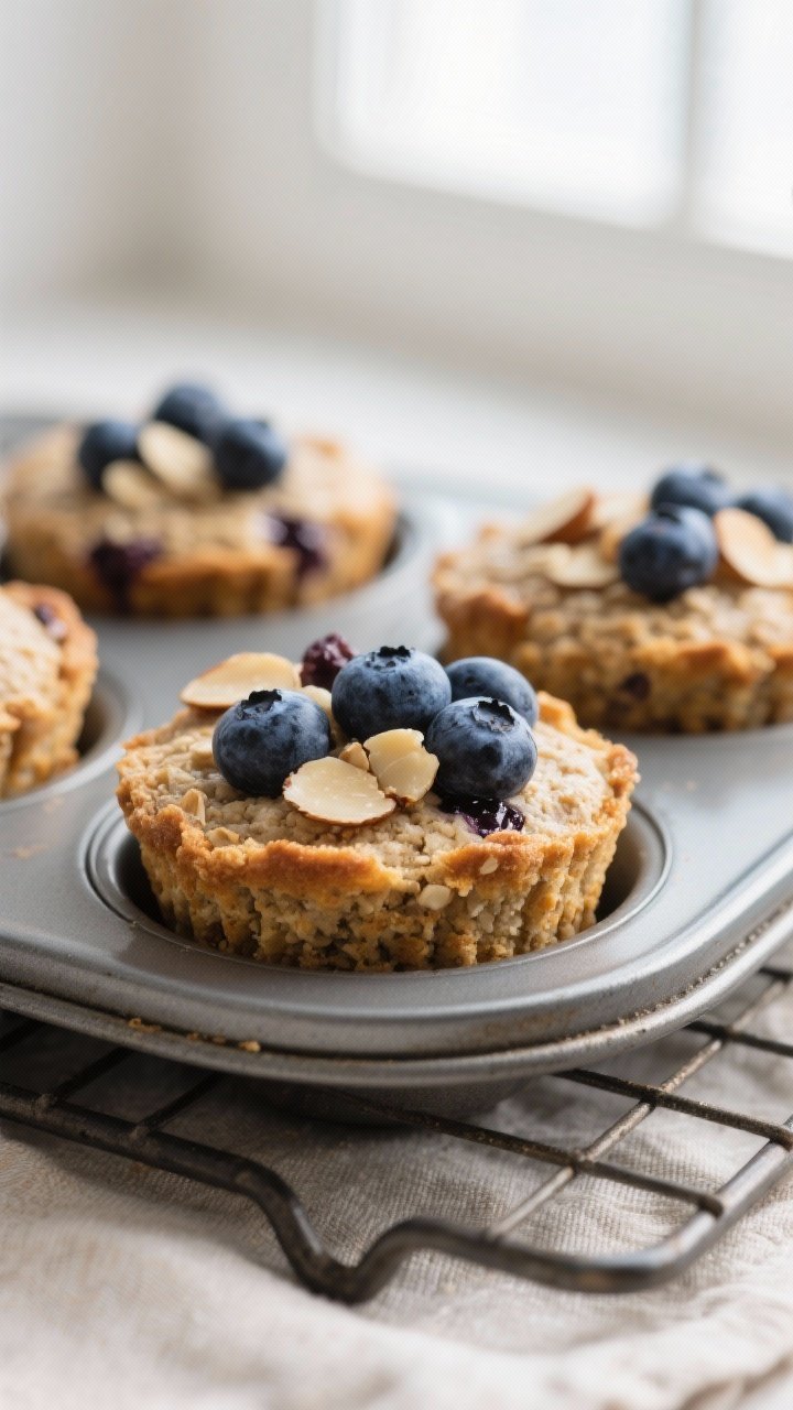 Close-up detail shot of freshly baked Blueberry Almond Oat Bran Snack Cups just out of the muffin ti