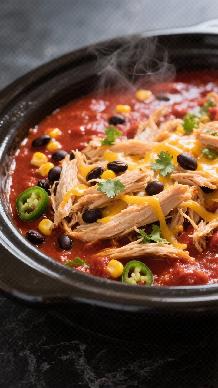Close-up detail: Shredded slow-cooked chicken enchilada filling just returned to the slow cooker, gl