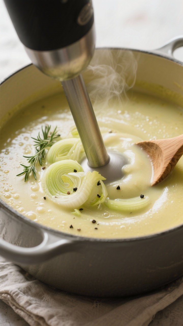 Close-up detail: Silky potato and leek soup mid-blend in a Dutch oven, immersion blender lifting to 
