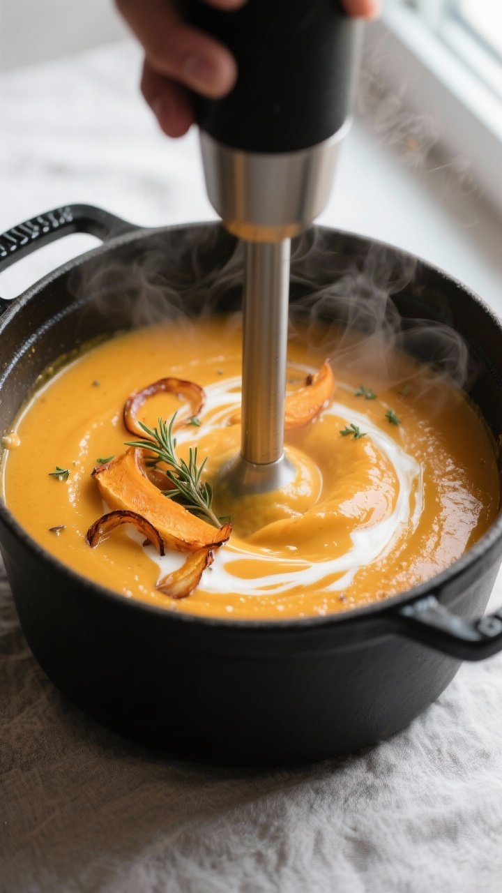 Close-up detail: Silky roasted butternut squash soup being blended in-pot with an immersion blender,