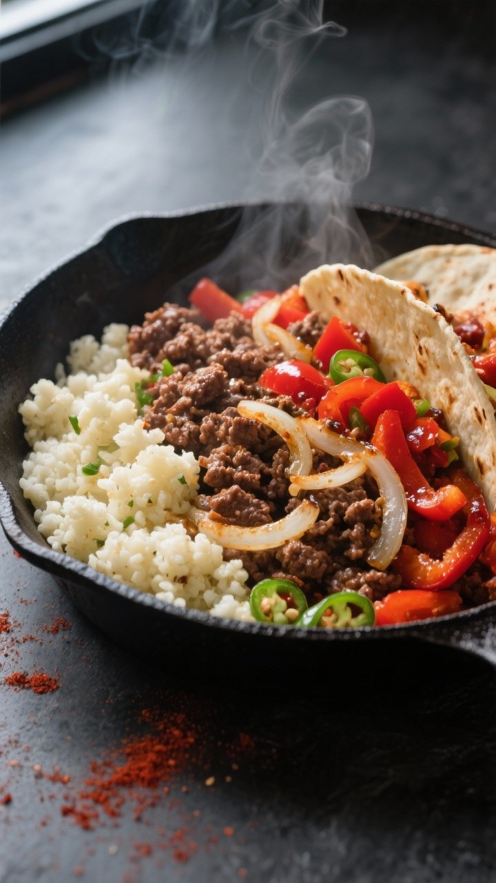 Close-up detail: Sizzling low-carb taco skillet mid-cook in a matte black cast-iron pan, browned gro