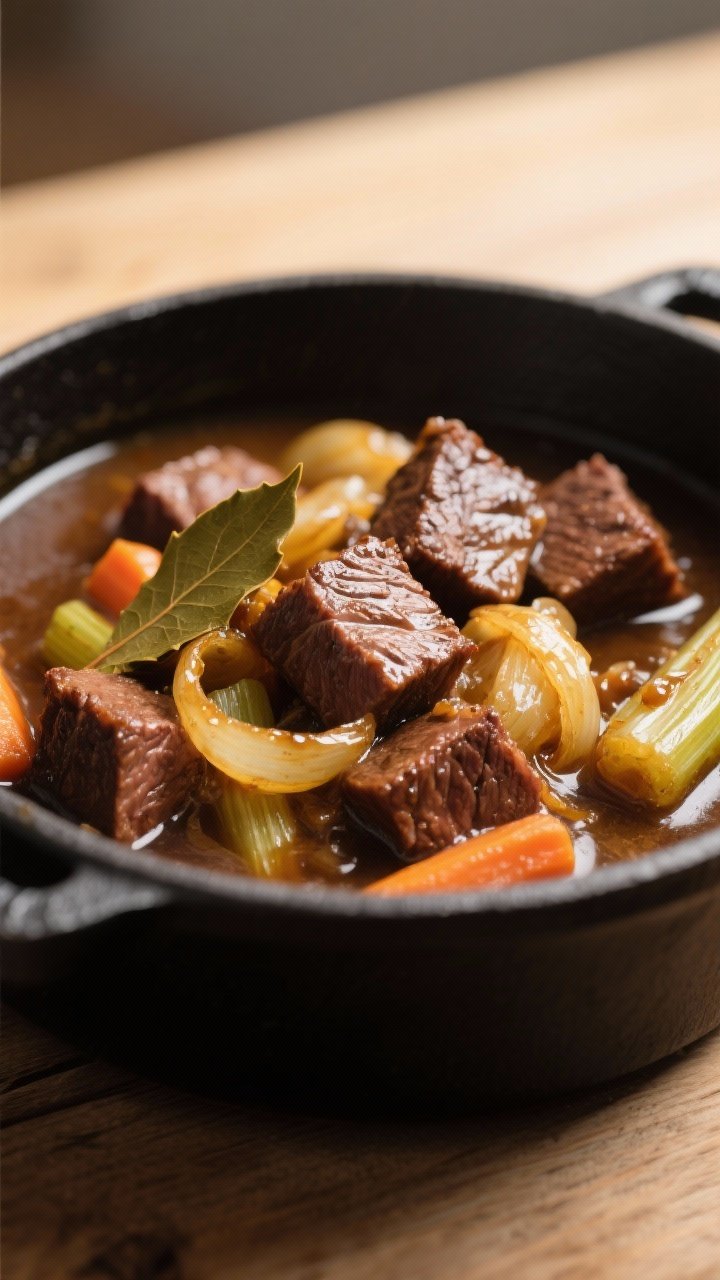 Close-up detail: Tender cubes of browned beef nestled with golden, jammy sweet onions in a silky, re