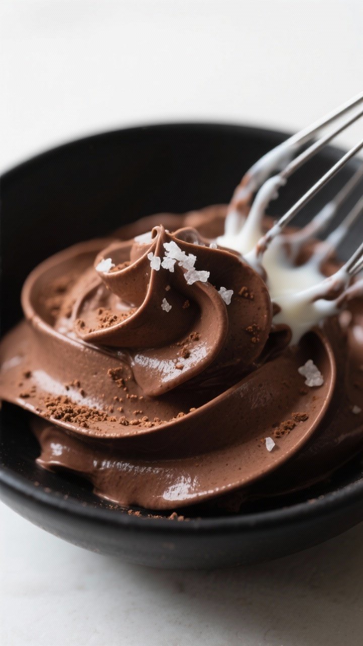 Close-up detail: Thick, glossy chocolate Greek yogurt mousse mid-whisk in a matte black mixing bowl,