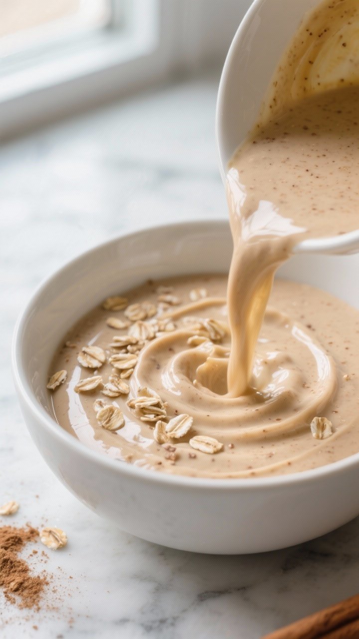 Close-up detail: Thick, silky banana-cinnamon smoothie bowl base being poured into a wide, matte whi