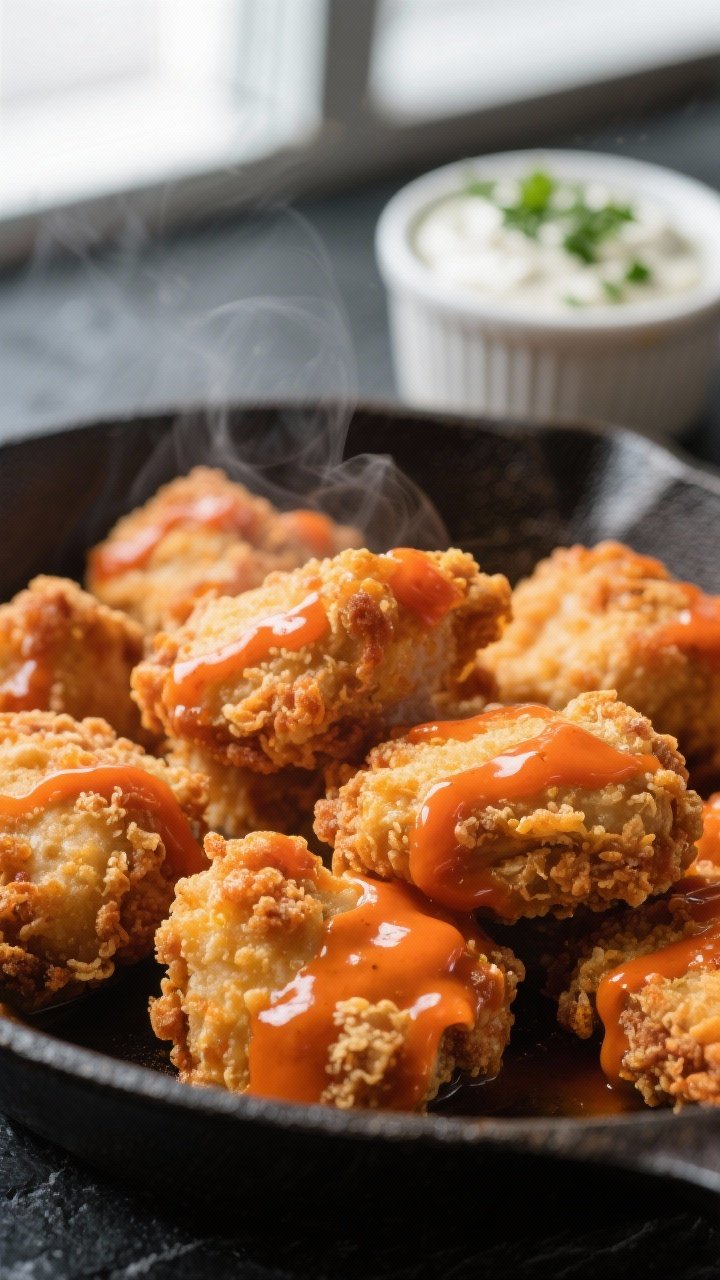 Close-up detail: Ultra-crispy buffalo chicken bites just out of the pan, glistening in a tangy, butt