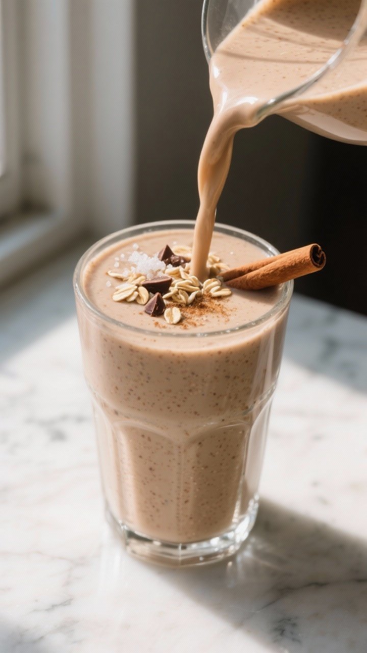 Close-up detail: Ultra-smooth oatmeal-date smoothie being poured in a silky ribbon into a tall clear