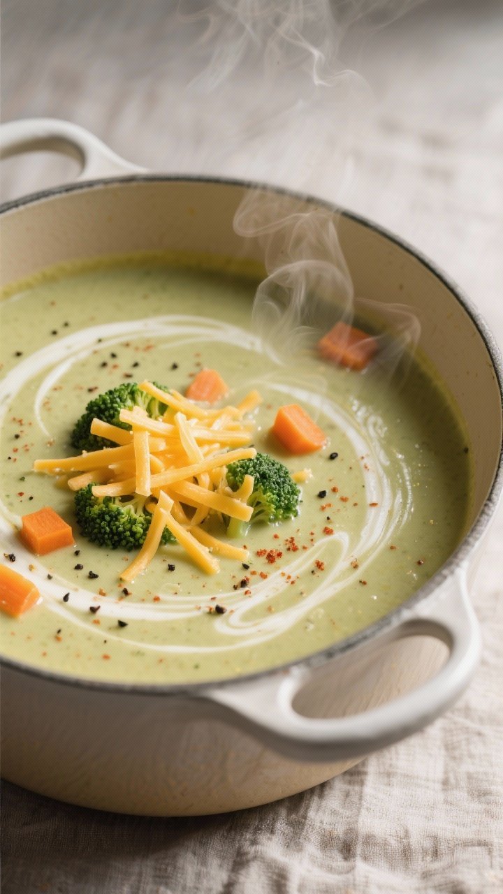 Close-up detail: Velvety broccoli-cheddar soup being finished off-heat as freshly grated sharp chedd