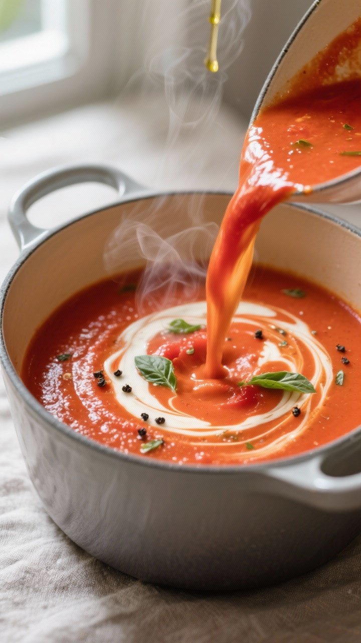Close-up detail: Velvety tomato–basil soup mid-blend being poured back into a Dutch oven, glossy s