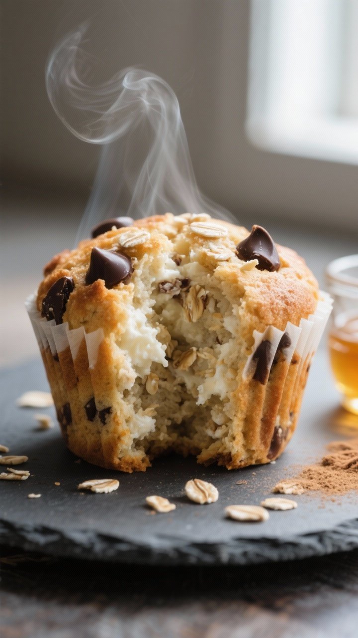Close-up detail: Warm cottage cheese oatmeal muffin just out of the oven, split open with steam risi