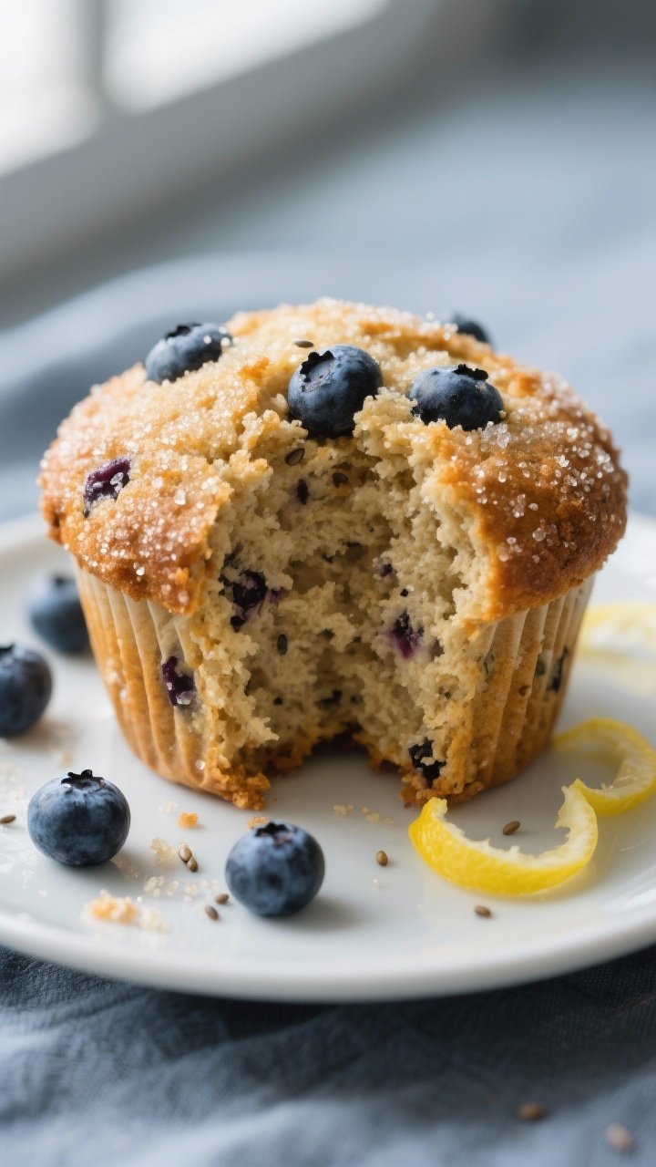 Close-up detail: Warm lemon-blueberry wheat bran muffin torn open to reveal plush, moist crumb with 