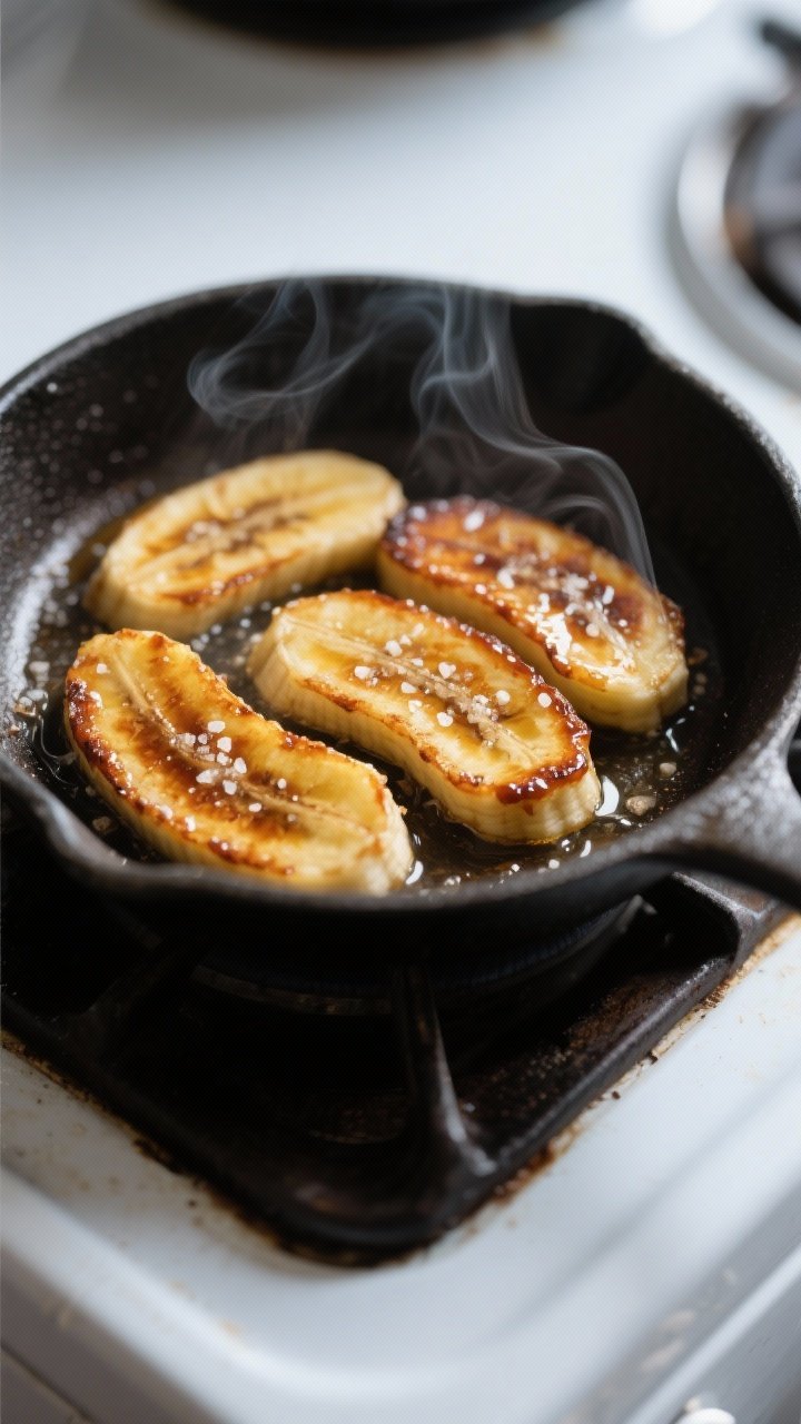 Close-up process shot: Caramelized banana slices sizzling in a small nonstick skillet, golden-brown 