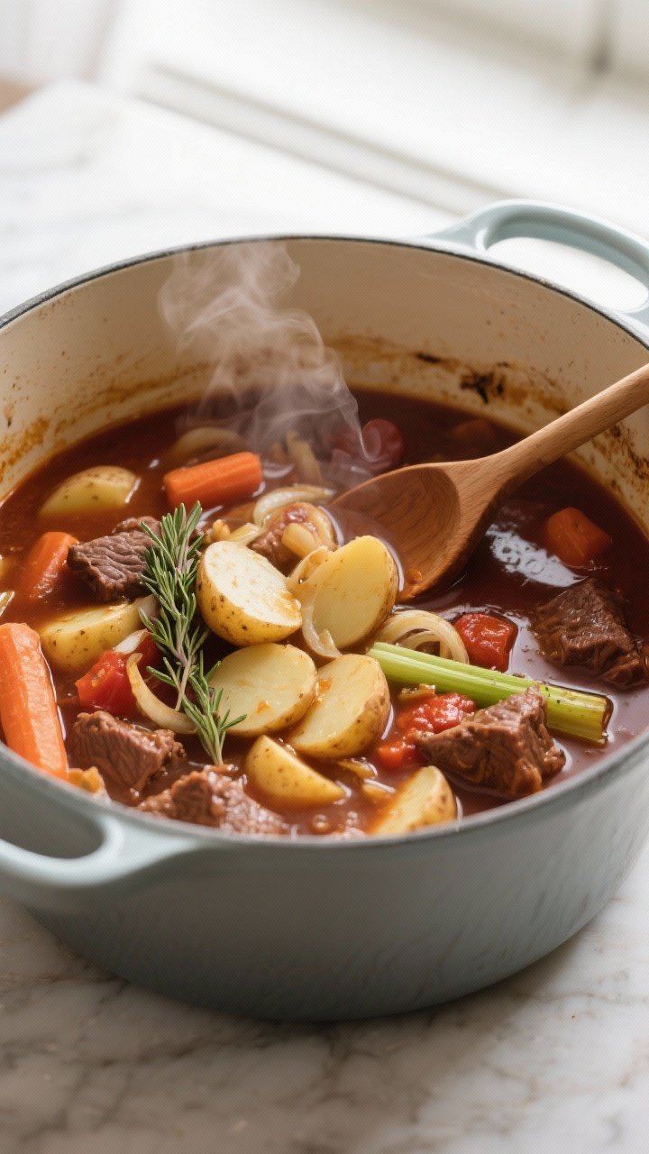 Cooking process action: Beef & Sweet Onion Hearth Stew mid-simmer in a heavy enameled Dutch oven, ov