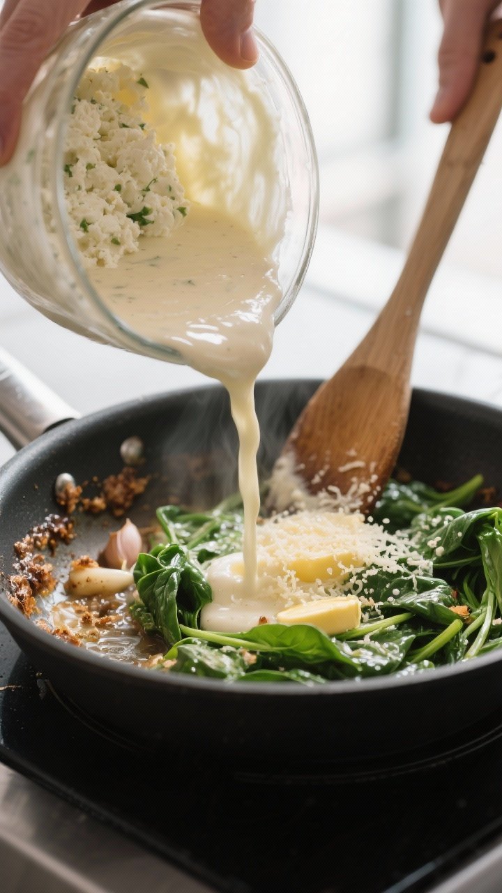 Cooking process action: The blended cottage cheese–chicken broth–Parmesan sauce being poured int