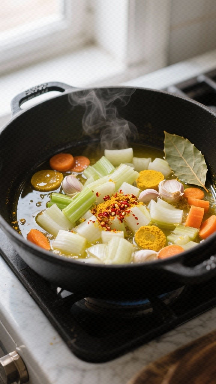 Cooking process — Aromatic base: Close-up of diced onion, sliced leeks, celery, garlic, coins of c