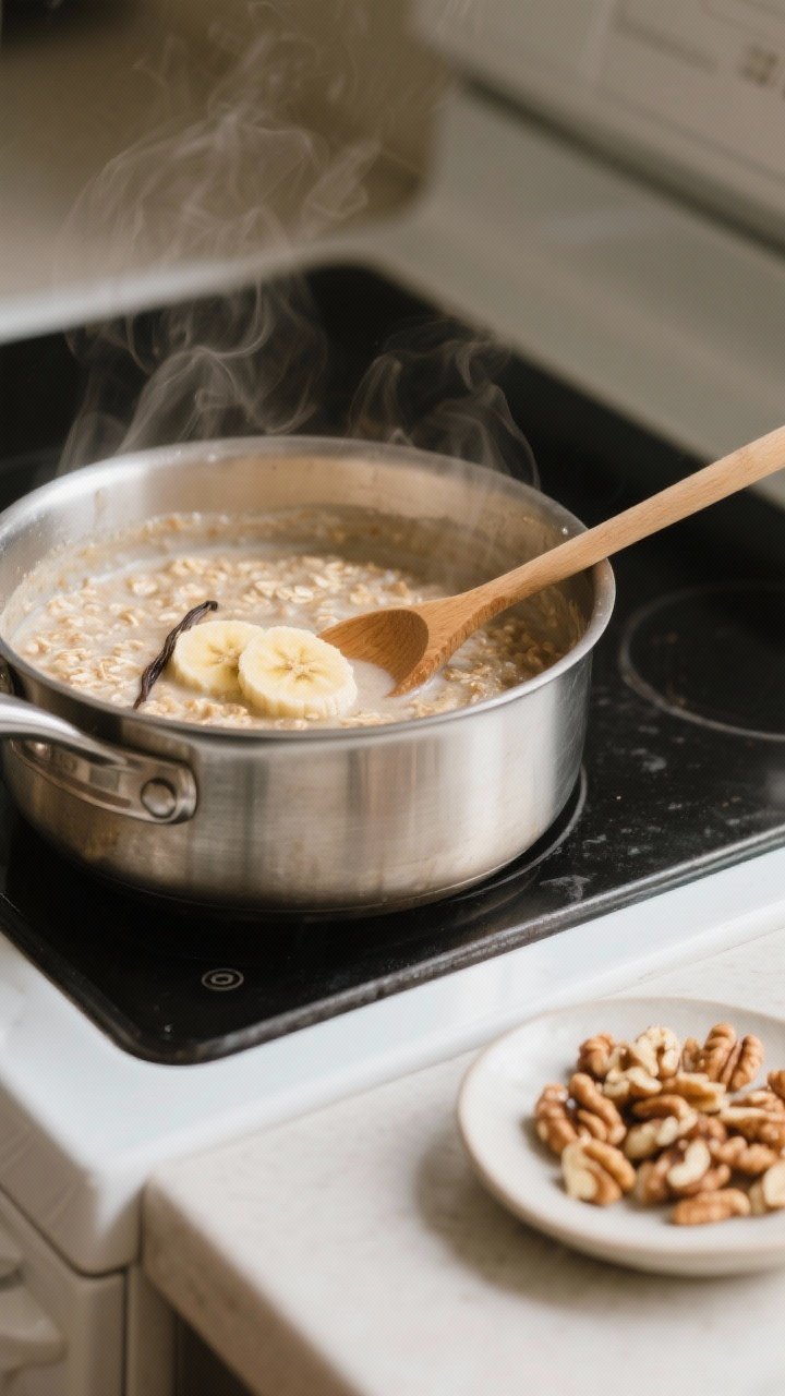 Cooking process: Banana walnut bran oatmeal simmering in a medium stainless steel saucepan, shot at 