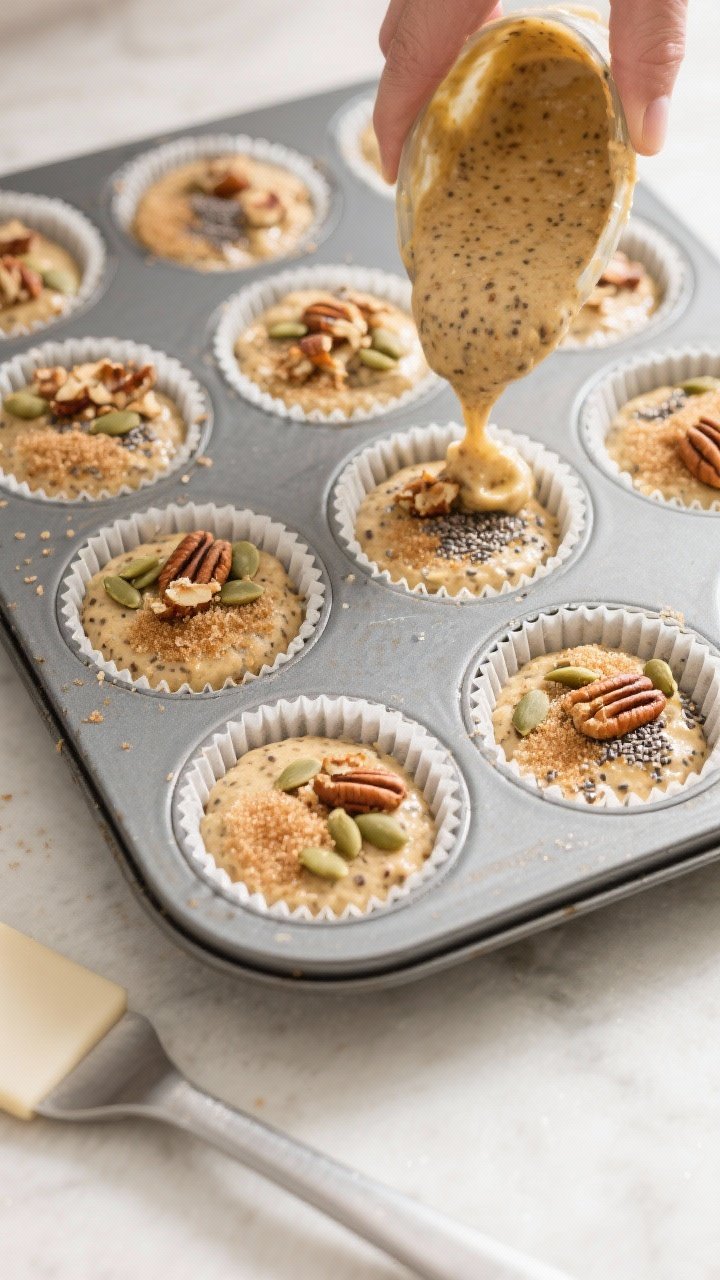 Cooking process: Batter being portioned into a lined 12-cup muffin tin, each cup filled evenly and t