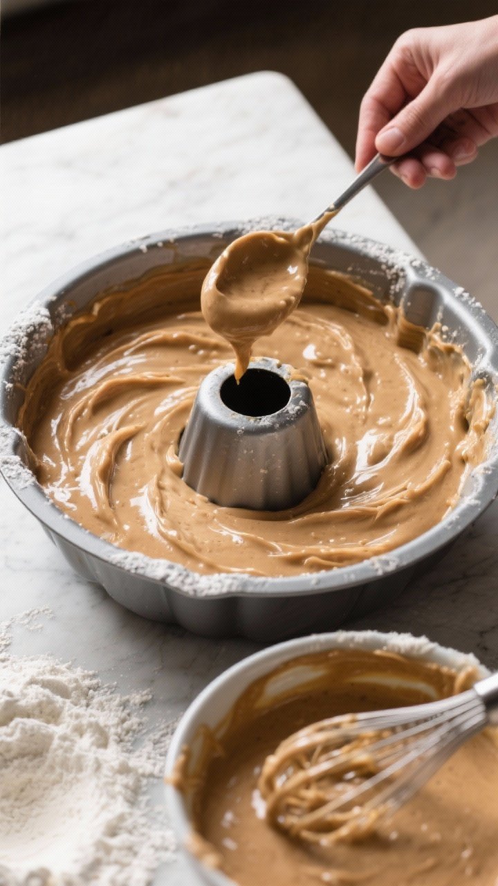 Cooking process: Batter being spooned and smoothed into a well-greased and floured bundt pan, showin