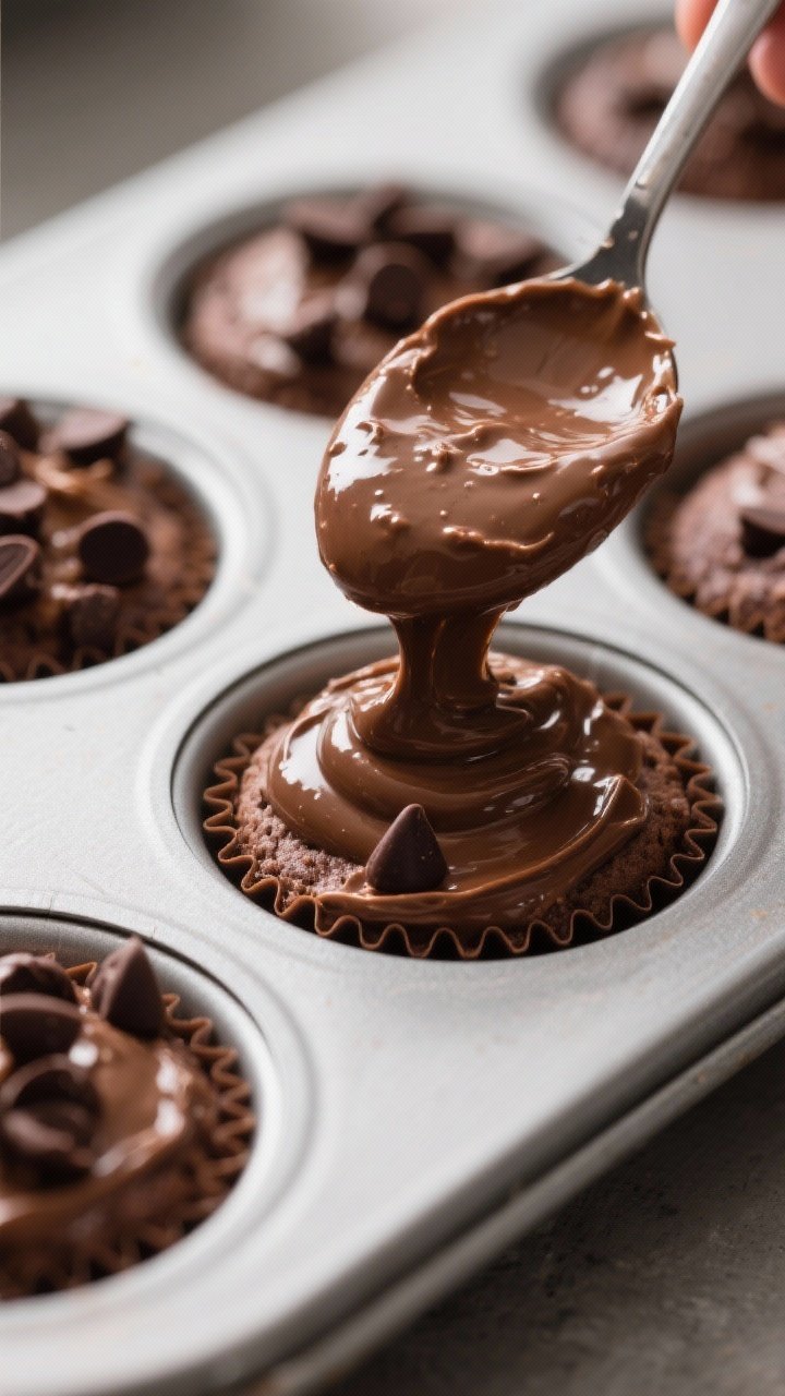 Cooking process: Batter portioning moment—thick, glossy chocolate-peanut butter batter being smoot