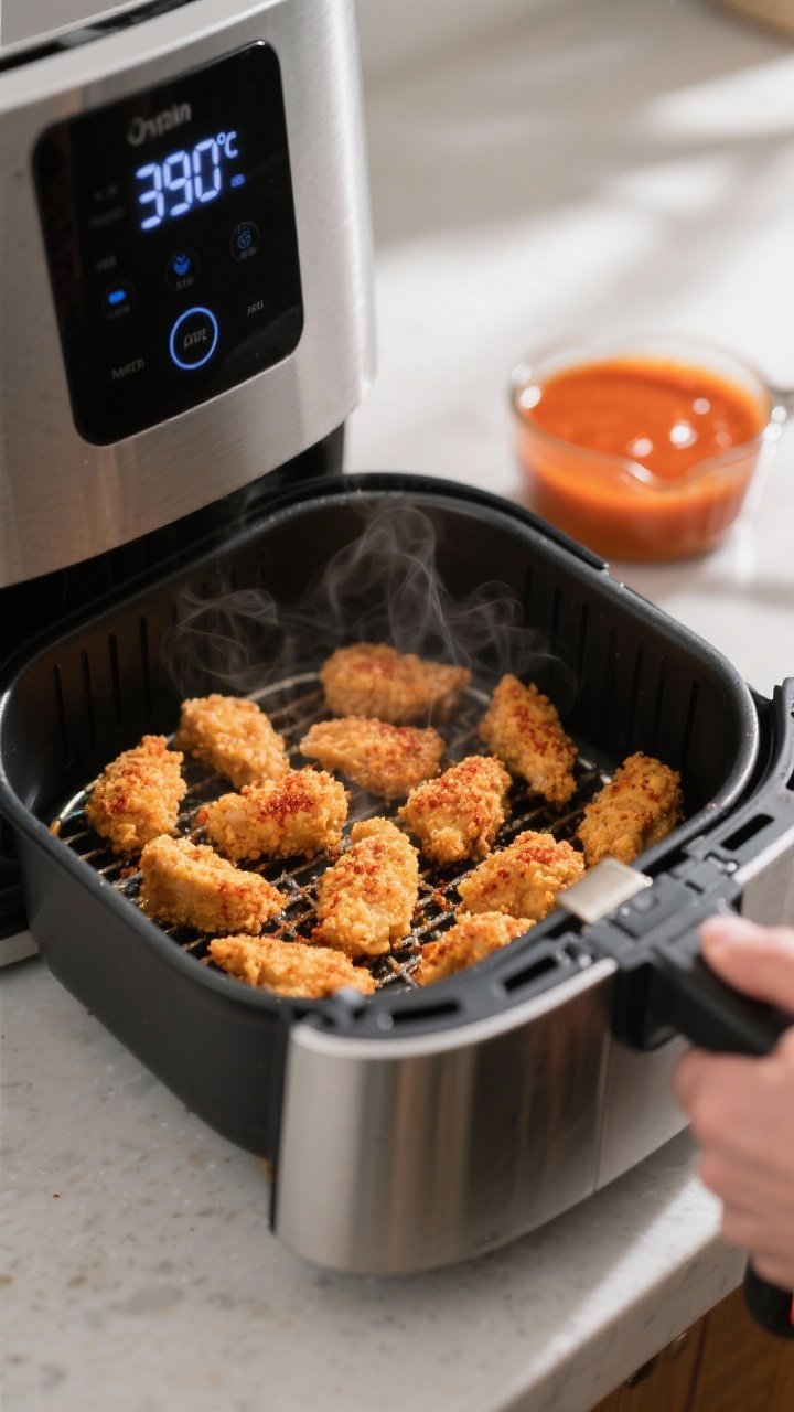 Cooking process: Buffalo chicken bites air frying—basket pulled out mid-cook to show evenly spaced