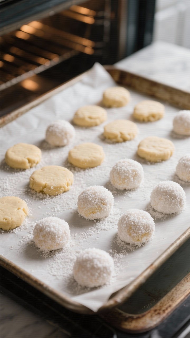Cooking process: Chilled sugar cookie dough balls rolled in sugar arranged on a parchment-lined baki