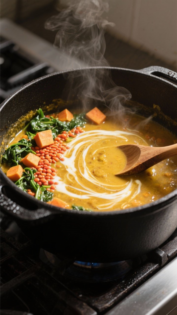 Cooking process close-up: A deep, matte-black Dutch oven on the stovetop with the stew mid-simmer—