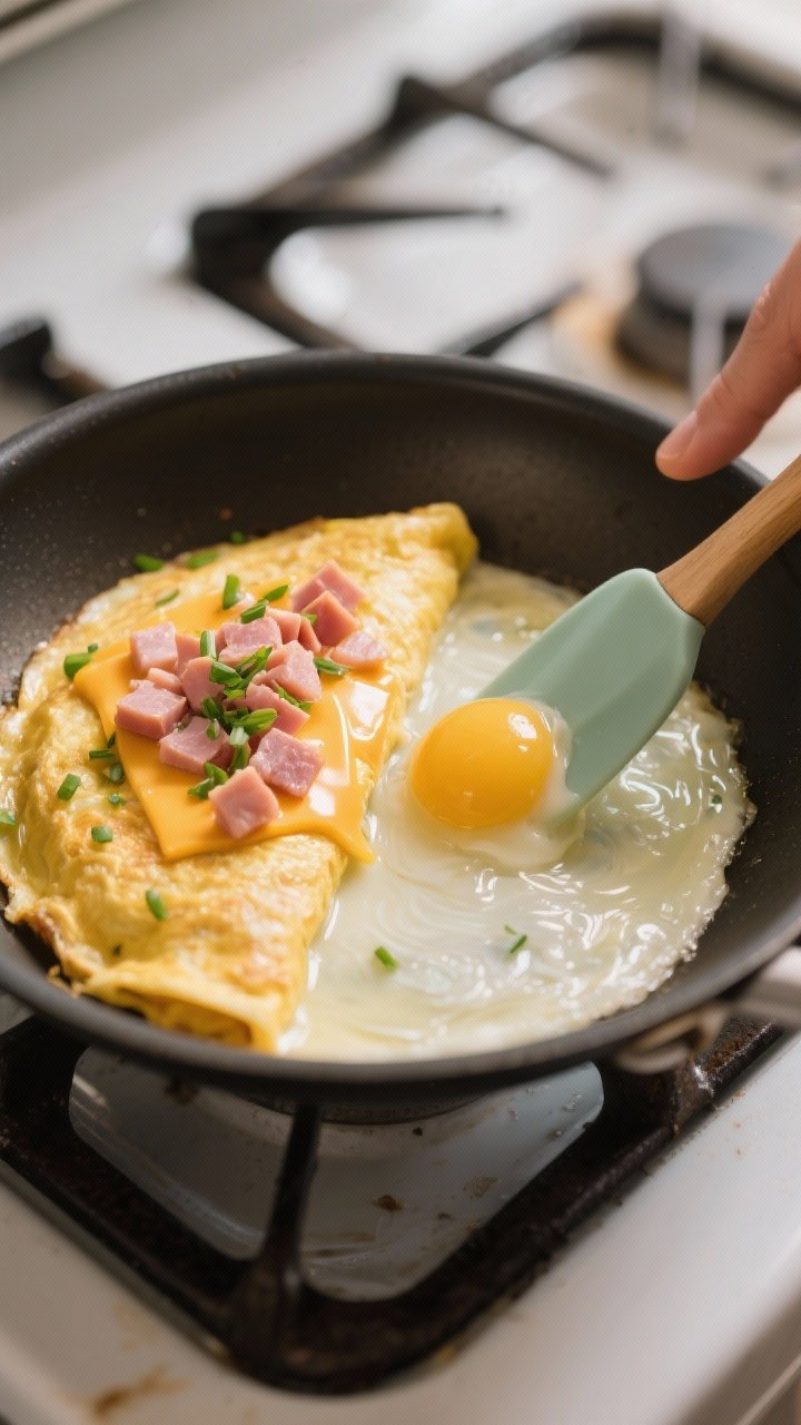 Cooking process close-up: A diner-style omelette mid-cook in an 8-inch nonstick skillet over medium 