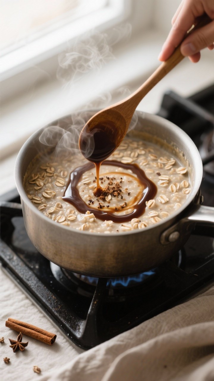 Cooking process close-up: A medium saucepan on the stovetop with creamy gingerbread oatmeal mid-simm