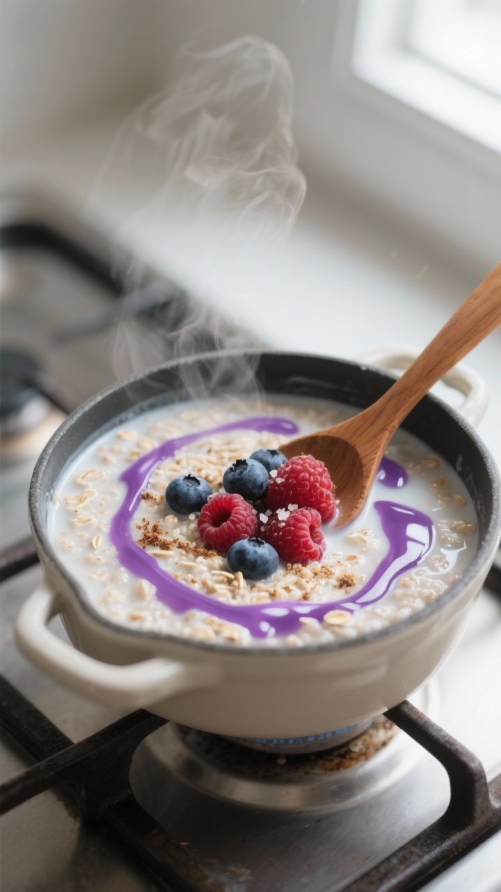 Cooking process close-up: A small pot on the stovetop with the oat–quinoa mixture gently simmering