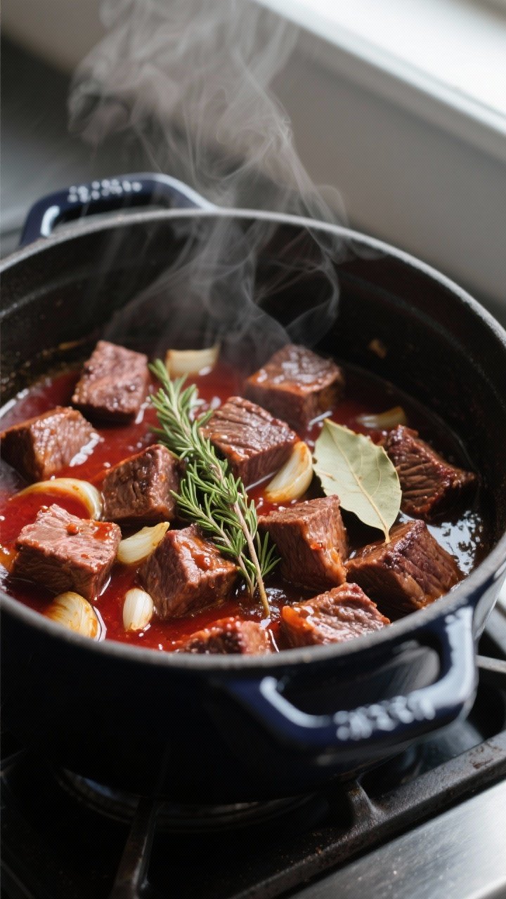 Cooking process close-up: Cubes of browned beef chuck simmering in a Dutch oven with a glossy, reduc