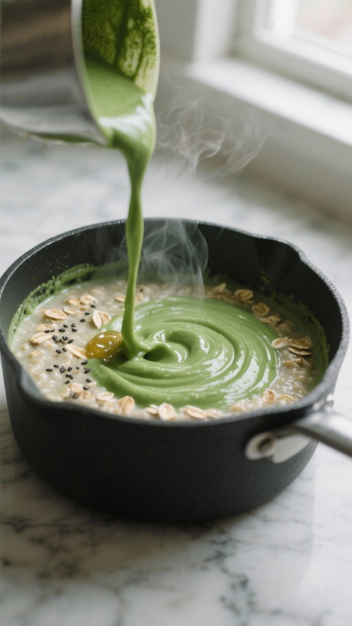 Cooking process, close-up detail: A tight, shallow-depth-of-field shot of creamy matcha green tea oa