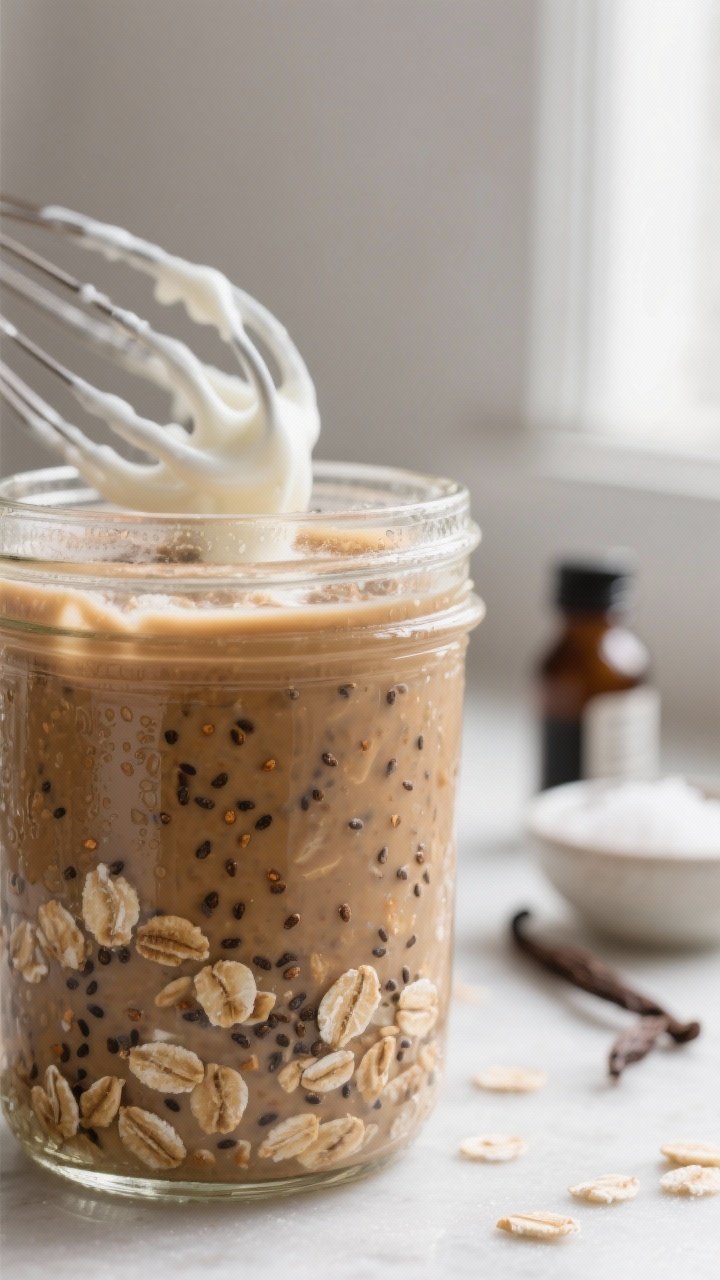 Cooking process, close-up detail: Close-up of Vanilla Latte Overnight Oats base just after mixing, s