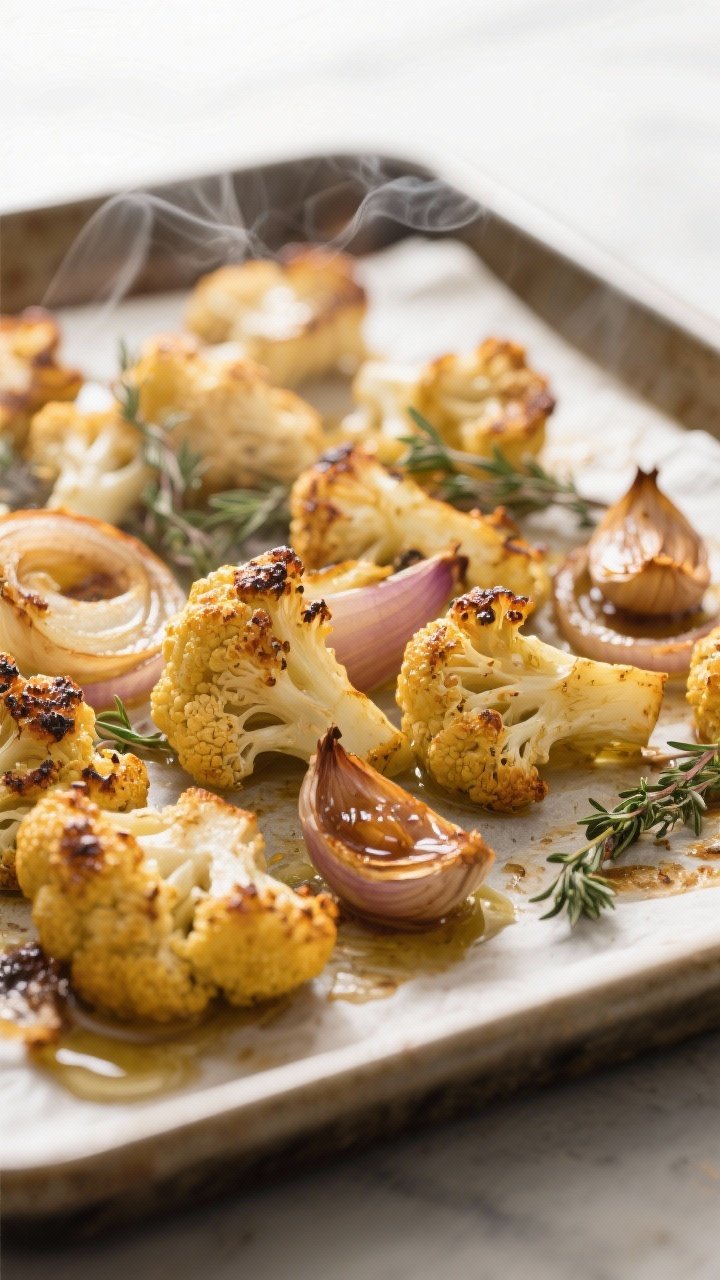 Cooking process, close-up detail: Golden roasted cauliflower florets and sliced onions on a parchmen